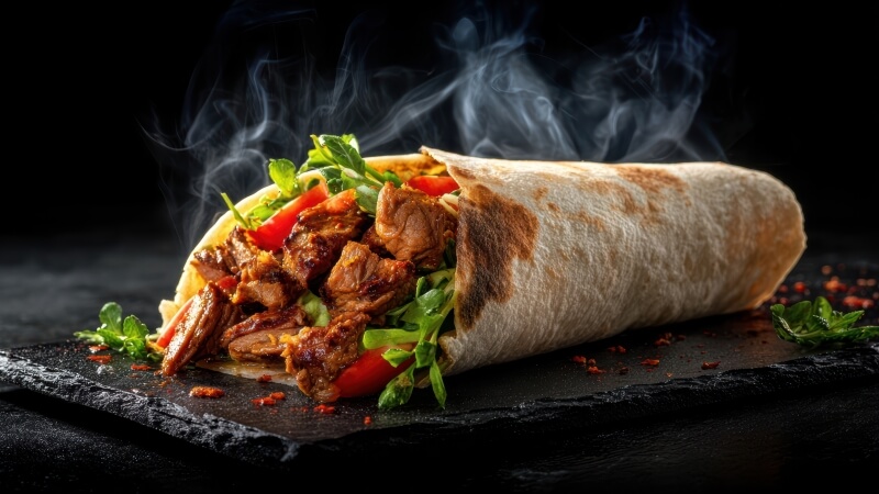 Kebab z mięsem, warzywami i sosem