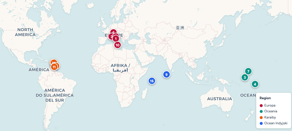 Mapa świata z zaznaczonymi 15 najmniejszymi państwami w Europie, na Karaibach, Oceanie Indyjskim i w Oceanii