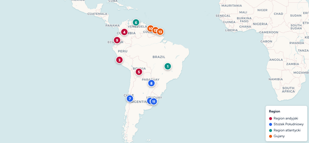 Mapa Ameryki Południowej z zaznaczonymi 12 państwami kontynentu — Brazylią, Argentyną, Peru, Kolumbią, Chile i pozostałymi krajami