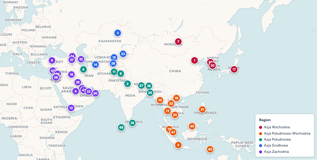 Mapa Azji z zaznaczonymi 48 państwami kontynentu — Chinami, Indiami, Japonią, Indonezją, krajami Azji Środkowej i Bliskiego Wschodu