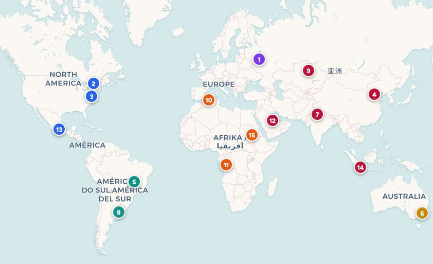 Mapa świata z zaznaczonymi 15 największymi państwami — Rosja, Kanada, USA, Chiny, Brazylia, Australia, Indie i pozostałe kraje pierwszej piętnastki