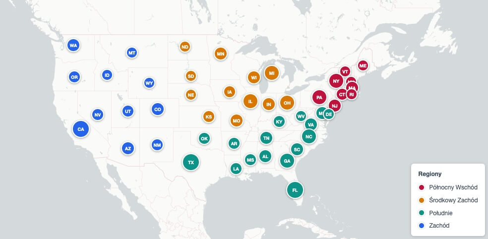 Mapa stanów USA z flagą Stanów Zjednoczonych