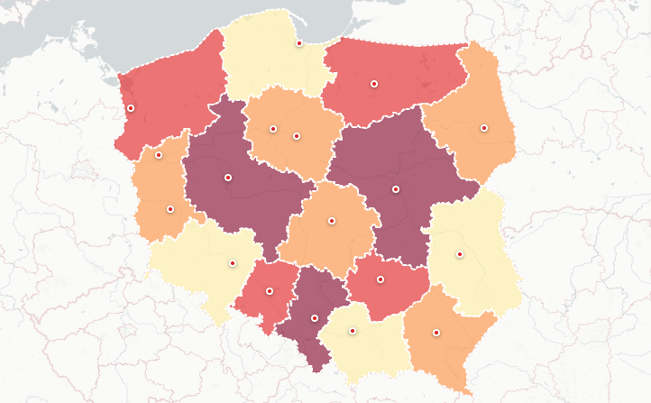 Mapa województw Polski z zaznaczonymi stolicami